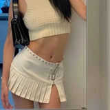 PICSGIRL  -  Punk Leather Skirt Women Y2k Streetwear Low Waist A-line Split Rivet Zipper Sexy Pleated Mini Skirt Summer Night Club