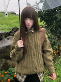 PICSGIRL  -  Vintage Green Knitwear Pullovers Long Sleeve Oversized Sweater Women Fairy Grunge Autumn Winter Thick Warm Clothes Chic