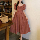 PICSGIRL  -  Summer New Age-reducing French Square Collar Vintage Plaid Dress Luxury Designer Bubble Sleeves Slim Elegant Causal Skirt