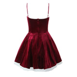 PICSGIRL  -  Lace Trim Wine Red Sling Mini Dresses For Women A-line Slim Birthday Party Dress Sexy Elegant Christmas Robe