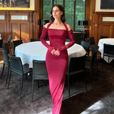 PICSGIRL  -  Sexy Solid Women Halter Dress Off Shoulder Long Sleeve Backless Slim Female Maxi Dresses 2025 Spring New Chic Elegant Lady Robe