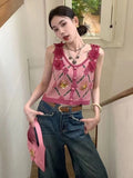 PICSGIRL  -  Y2K Knit Tank Top Slim Hotsweet Summer Flower Crop Top Women's Casual All-Match O-Neck Embroidered Letter T-shirt Chic Camisole