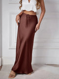 PICSGIRL  -  Women Elegant Midi Long Skirts 2024 High Quality Satin Long Skirts High Waist Drawstring Lace-up Solid Color Skirt for Women