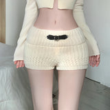 PICSGIRL  -  Y2K Belt Buckle Detail Knitted Shorts Japanese Girl Style Beige Slim Fit Sweater Shorts Cute Casual Outfits Winter