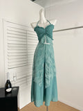 PICSGIRL  -  Vacation Style Women's Summer Mint Green Halter Neck Strap Top High-waisted Wide-leg Pants Two-piece Set Fashion Female Clothes