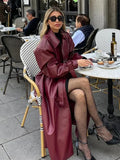 PICSGIRL  -  Fashion Retro Wine Red Long Women's Coat Turndown Collar Double Breasted Coats with Belt Vintage Windproof Winter Overcoat