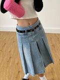 PICSGIRL  -  Y2k Streetwear Denim Pleated Skirt Women Vintage Low Waist A-line Distressed Knee-lenght Jeans Skirt Japanese Fashion