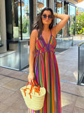 PICSGIRL  -  Fashion Striped Colorful Patchwork Halter Maxi Dress Chic Sleeveless Backless Long Dresses 2024 Summer Holiday Beach Party Robes