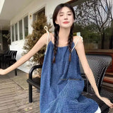 PICSGIRL  -  Embroidery Hollow Out Cardigan Coat And A-line Loose Long Dress Bohemian Vacation Two Piece Set Tassel Denim Slip Dress Outfits