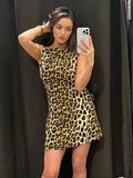 PICSGIRL -  Female Summer Fashion Leopard Print Mini Dress Vintage Sleeveless Tank Dresses Zipper Women's Casual Slim Fit Dress