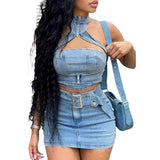 PICSGIRL  -  Denim Crop Tops Dress 2 Piece Mini Skirt Sets Women Sexy Cargo Dress Y2K Denim Jean Two Piece Sets Summer Outfits Clothes