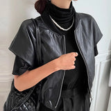 PICSGIRL  -  Retro High-End Leather Vest Women'S Autumn And Winter Round Neck Zipper Style Loose And Versatile Short Sleeved Jacket