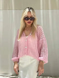 PICSGIRL  -  Fashion Sweet Pink Hollow Out Knitted Cardigan Women Casual Long Lantern Sleeves Single Breasted Sweater Lady Chic Knitwear