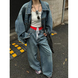 PICSGIRL  -  Blue Womens Jeans High Waist Vintage Straight Baggy Denim Pants Plus Size Street American Style Casual Wide Leg Denim Trouser