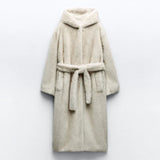 PICSGIRL  -  casual winter outfits Belted Faux Mink Fur Coat Women 2024 Winter Beige Gradient Furry Fur Jacket Luxury Brand Hooded Warm Outerwear Overcoat