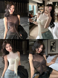 PICSGIRL  -  Y2k Sweater Vest with Bow Half High Collar Jumpers Sexy Slim Sleeveless Knitted Underwear Korean Fashion Autumn Winter