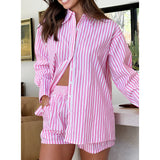 PICSGIRL  -  Women's Summer 2 Pieces Striped Outfits Long Sleeve Loose Button Down Lapel Shirts+Drawstring Waist Loose Shorts Set