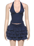 PICSGIRL  -  Low-Neck Polka Dots Women Two-Piece Set Halter Sleeveless Backless Mini Top+Multi-Layered Ruffles Sweet Bottoms Suits