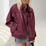 PICSGIRL  -  Women Y2k Oversized Faux Leather Jackets Lapel Collar Zip Up Motorcycle Coats Fall Fashion Leather Bomber Jacket