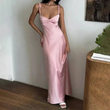 PICSGIRL  - Pink Satin Sling Prom Maxi Dress Women Sexy Chic Backless Sleeveless Slim Robe 2024 Fashion Evening Party Suspender Long Dresses