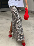 PICSGIRL  -  Leopard Print Split Denim Skirt Women 2024 New High Waist Pocket Straight Midi Skirts Streetwear Fashion Office Lady Long Faldas