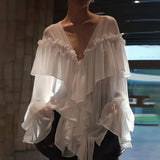 PICSGIRL  -  Fashion Women's Ruffle Shirts Loose V-neck Long Lantern Sleeve Female Blouses 2025 Spring Summer Lady Sexy See Through Shirt New