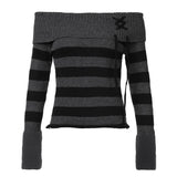 PICSGIRL  -  cold weather outfits Y2K Striped Off Shoulder Women Sweater Lace-up Chic Stylish High Street 2000s Jumper Autumn Harajuku Knitwear Tops