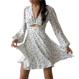 Picsgirl -  Summer Women's Long Sleeved Polka Dot Printed Dress V-neck Hollow Bubble Sleeve Temperament Slim Fit Flower Bud Skirt Women 2024