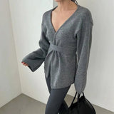 PICSGIRL  -  Elegant Knitted Cardigan With Belt Women Casual V-neck Long Sleeve Loose Sweater 2024 Autumn New Office Lady Lazy Tops Knitwear