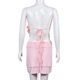 PICSGIRL  -  Pink Camisole Skirt Set Exposed Navel Wave Ruffled Edge Asymmetrical Top Double Layered Pleated Short Skirt Suit