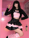 PICSGIRL  -  Black Sexy Party 3 Piece Set Women Autumn Casual Lolita Print Cake Skirt Suit Female Korean Black Coat+Cute Tops+Sweet Skirt