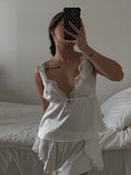 PICSGIRL  -  Lace Home Clothes Women Sexy V-Neck Sleepwear Tank Tops Nightgown Backless Nightie Shorts Causal Ladies Nightwear Set