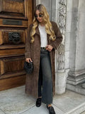 PICSGIRL  -  Female Retro Jacket Elegant Brown Belted Waist Long Coat Double Breasted High Street Autumn Fashion Full Sleeve Outwear