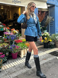 Picsgirl -  Women Chic Solid Loose Short Denim Coat Casual Long Sleeve V-neck Belt Jacket 2024 Spring Fashion Lady Commuting Outwear