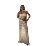 PICSGIRL  -  Beach Party Two-Piece Set See Through Scarf Mini Wrap Top Mesh Irregular Hem+Multi-Pleated Bottoms Matching Pretty Suits