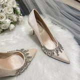 PICSGIRL  -  Rhinestone Satin Pointed Toe Pumps Women Fashion Elegant High Heels Women Stiletto Heel Luxury Crystal Shine Wedding Dress Shoes