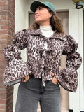 PICSGIRL -  Elegant Leopard Printed Signature Sleeves Blouse For Women Chic Lapel Bow Lace Up Cropped Shirt New Lady Party Fashion Tops 2024