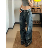 PICSGIRL  -   Vintage Appliques High Waist High Street Style Blue Straight Jeans Pants Korean Fashion Women Wide Leg Baggy Y2K Denim Trouser