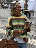 PICSGIRL  -  Casual Striped Mohair Sweater Women Loose Contrast O-neck Long Sleeve Pullovers 2024 Autumn Winter Lady Street Outwear