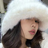 PICSGIRL  -  Fluffy Fur Bucket Hat for Women Imitation Mink Hair Warm Basin Cap Thickened Plush Winter Hats Lady Fashion Panama Fisherman Cap