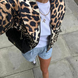 PICSGIRL  -  Vintage Leopard Print Bomber Jacket Women Elegant Lapel Long Sleeves Zipper Pockets Lady Coat 2024 Autumn High Street Streetwear