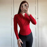 PICSGIRL  -  Cross-Neck Slim Long Sleeve Crop Top For Women Elegant Ruched Solid T shirt Autumn Fashion Versatile Female Pullovers