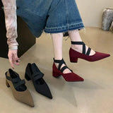 PICSGIRL  -  Stretch Cross Strap Satin Pointed Toe Chunky Low Heel Shoes for Women 2024 Elegant Sexy Light Comfort Pumps Women Shoes Zapatos