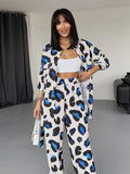 PICSGIRL  -  Women Suits Fashion Animal Print Lapel Print Long Sleeve Shirt & Loose Trousers Two-piece Sets Pant Sets