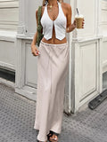 PICSGIRL  -  Satin Maxi Skirts For Women Solid Color Bandage A-Line Loose 2024 Summer Fashion Long Skirts Female New Casual Clothes