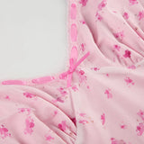 PICSGIRL  -  Spaghetti Strap Flowers Printed Summer Mesh Dress Frill Bow Sweet Holidays Sundress Coquette Clothes Double Layer New