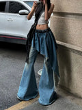 PICSGIRL  -  Y2K European and American Retro Washed Design Splicing Fake Two-piece Blue Jeans Women's Popular Loose Sexy Bell-bottom Pants