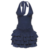 PICSGIRL  -  Low-Neck Polka Dots Women Two-Piece Set Halter Sleeveless Backless Mini Top+Multi-Layered Ruffles Sweet Bottoms Suits