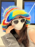 PICSGIRL  -  Rainbow Spliced Fisherman Hat Multi color Fashion Autumn and Winter ins Fur Fisherman Hat Warm Pot Hat Show Small Face