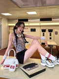 PICSGIRL  -  American Retro Grey Plaid Crop Top Women Streetwear V-neck Halter Y2k Tops Summer Sexy Fashion Backless Tank Top Clothes